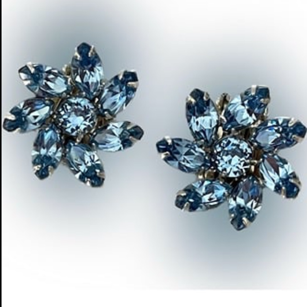 Vintage Sky Blue Marquise & Round Rhinestone Flower Silver Tone Clip Earrings